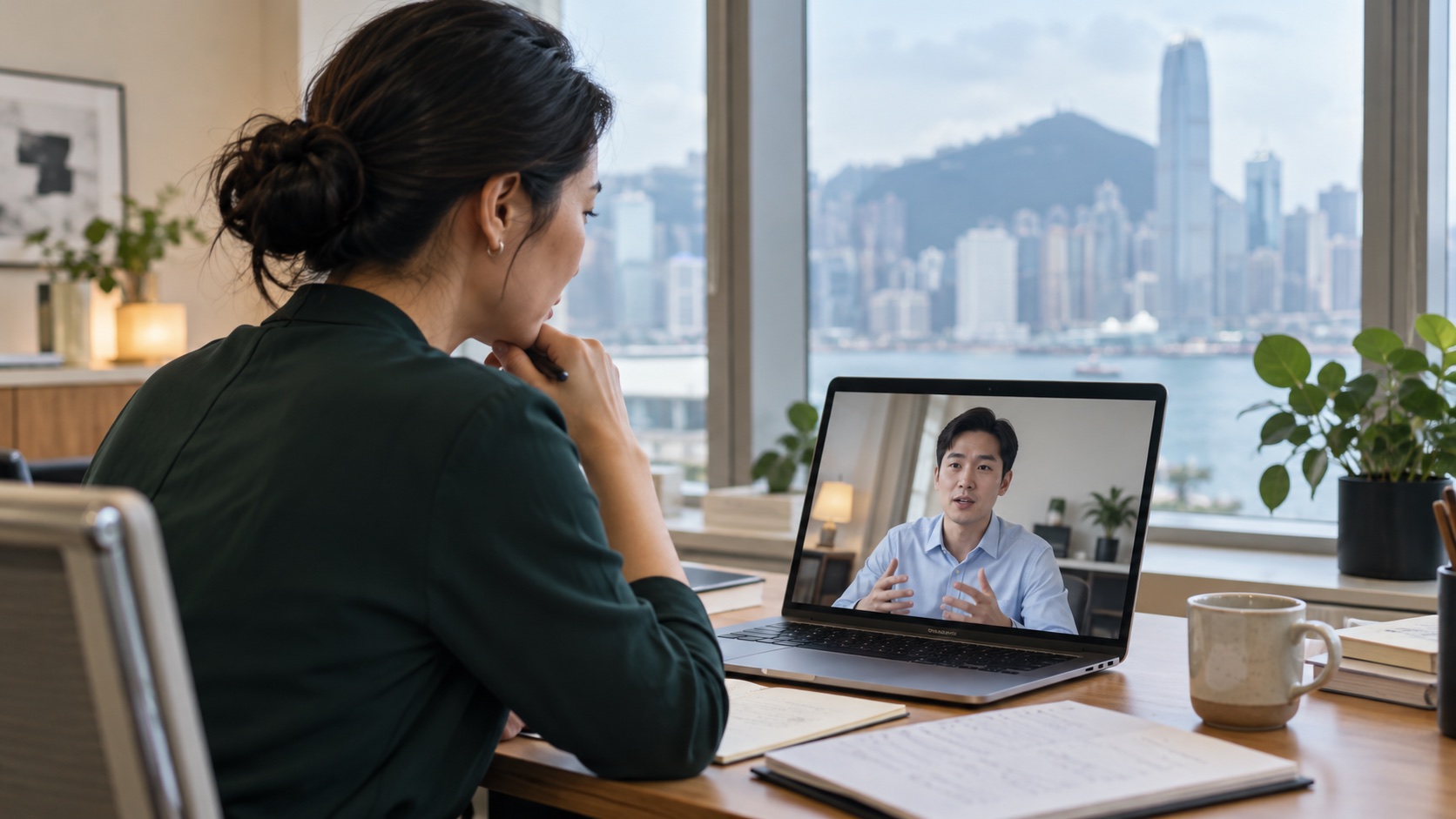 An Asian hiring lead listens as a candidate describes their experience in a bright workplace overlooking a city